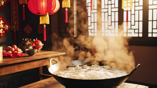 A person skillfully prepares dumplings in a rustic kitchen setting, surrounded by ingredients.