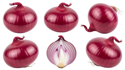 Six red onions isolated on transparent background for culinary and gardening use