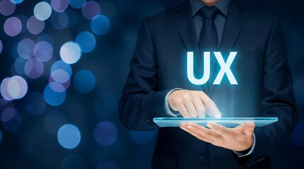 Businessman interacting with digital interface displaying UX text illuminated against a bokeh background representing technology and innovation user experience tablet interaction design