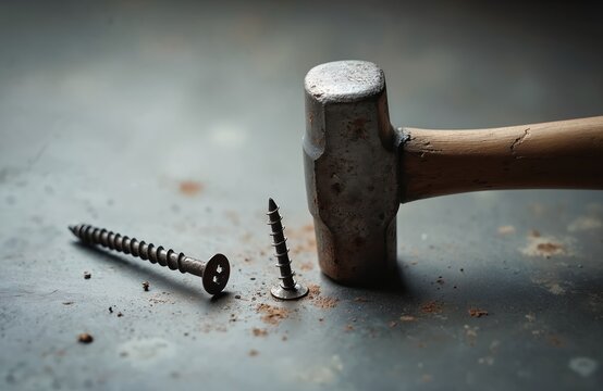 Hammer tries hammering screw in surface. Wrong tool used for construction. Iron tool near hardware. Error situation. Inappropriate work with home building supplies. Failure concept. DIY fail.
