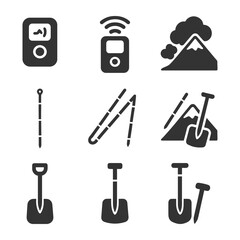 Obraz premium Avalanche rescue icons: transceiver, probe, shovel, mountain graphics set.