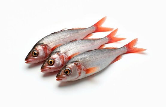 Three common pandora fishes lie in row. Seafood ingredient or fresh catch concept. Marine creatures on white background. Raw uncooked sea fishes ready for gourmet meal preparation.