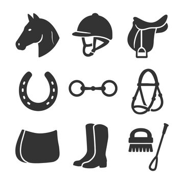 Equestrian equipment icons set: horse, saddle, helmet, boots, bridle, whip, horseshoe.