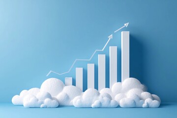 Visual representation of financial growth shown by bars climbing above clouds with a chart line on blue background