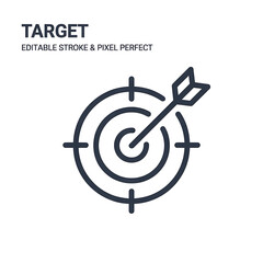 Vector line art icon of a target with an arrow hitting the bullseye, representing goals, focus, and achievement.