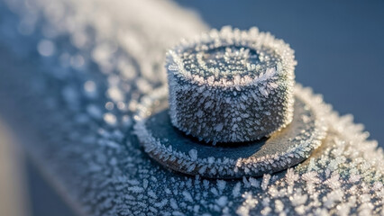 Frozen bolt on rail covered in ice crystals, highlighting extreme cold. Close up shows metallic texture on frozen bolt on rail, indicating harsh winter. Concept for industrial durability.
