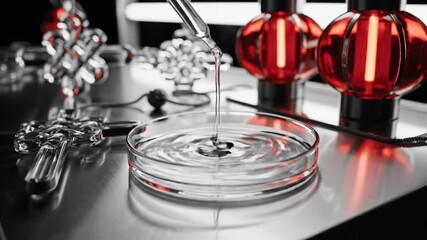 A close-up view of laboratory equipment including chains, petri dish, and red glassware, evoking a sense of scientific experimentation and discovery.