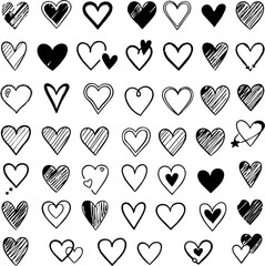 Hand-drawn heart icon set featuring various styles including solid, outlined, polka-dotted, striped, and embellished designs, ideal for love-themed graphics, stickers, and creative decor.