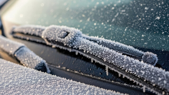Frozen windshield wiper close up, showing icy blades and frosted car surface detail. Harsh winter conditions create thick frost on a frozen windshield wiper, impacting driving. 