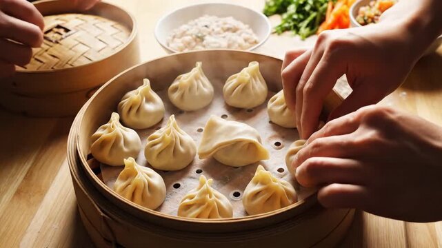 A person preparing steamed dumplings in a bamboo steamer, with a warm and inviting atmosphere, perfect for culinary or food-related content.