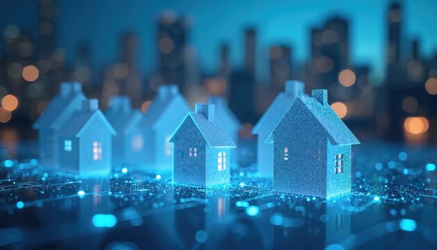 Houses stand on glowing tech surface with cityscape. Abstract image represents modern real estate technology trends, innovation in property management, smart home automation. Shows housing market