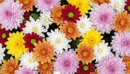 Vibrant and Colorful Close up of a Diverse Bouquet of Chrysanthemum Flowers in Full Bloom