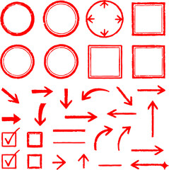 Hand-drawn red icon set featuring rough-edged circles, squares, arrows, checkboxes, and directional lines, ideal for flowcharts, diagrams, instructional graphics, and creative UI design.