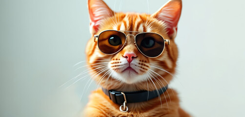 Ginger cat with cool sunglasses gives thumbs up sign. Feline wears stylish shades looking at camera with confident, positive attitude. Playful pet animal portrait against plain backdrop.
