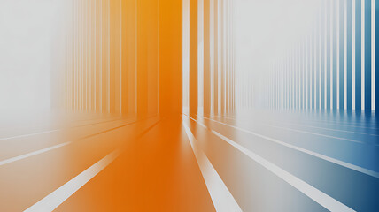 Abstract futuristic corridor with orange and blue gradient light beams, modern architectural design, clean and minimal aesthetic
