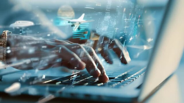 Closeup on hands typing on a laptop with digital overlays of secure flight data transfer to the cloud illustrating efficient and scalable storage upgrades.