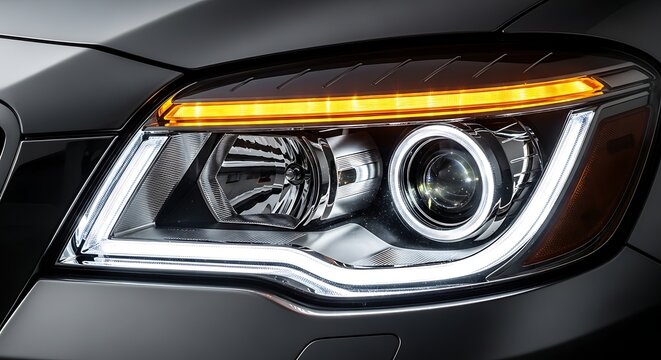 Close-up view of a modern car's LED headlight featuring white daytime running lights and an amber turn signal strip.