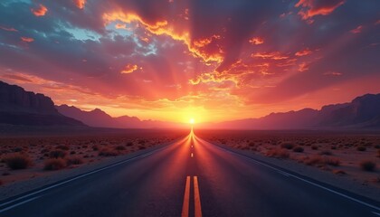 Desert highway stretches into horizon at dusk. Golden sunset paints sky in vibrant colors. Mountains silhouette against glowing sun. Road trip concept. Travel destination through arid landscape.