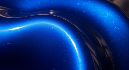 Close-up of a vibrant metallic blue surface with sparkling flakes and smooth, reflective curves, showing a bright highlight.