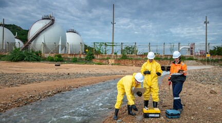 Team of environmental scientists in hazmat suits using laptop and discussing water monitoring data near industrial fuel storage tanks. Three professionals inspecting water contamination at site