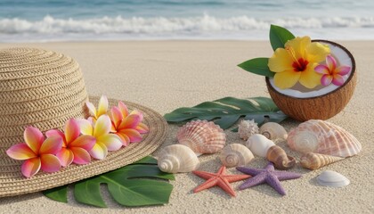 Tropical Beach Setup with Straw Hat, Colorful Flowers, Coconut, Seashells, and Starfish