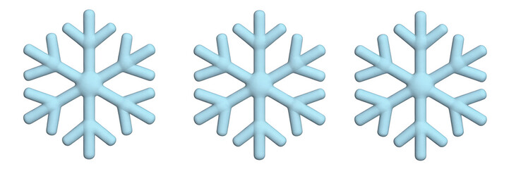 Three stylized blue snowflakes on a white background, simple 3D illustration, winter holiday decoration