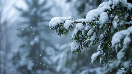 Close-up of snow-covered pine tree branch during a gentle snowfall, winter forest background, serene and peaceful atmosphere
