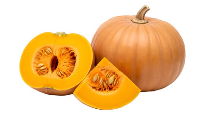 Whole and halved orange pumpkin isolated on transparent background