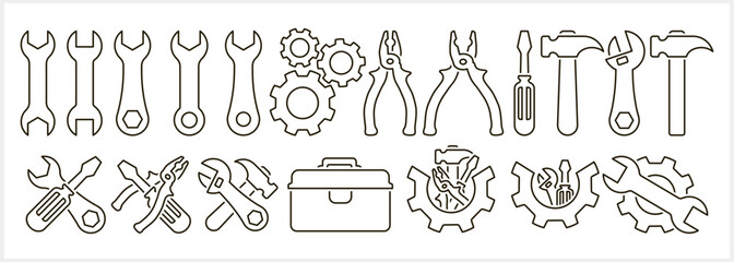 Outline screwdriver pliers icon Hammer, box, gears Tools sketch clipart Vector stock illustration
