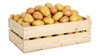 Wooden crate filled with many potatoes isolated on transparent background
