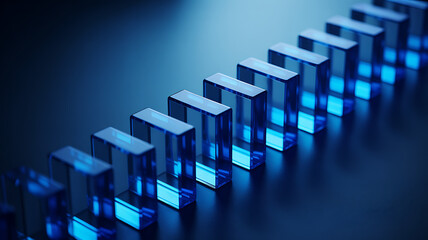 A row of transparent blue glass blocks standing upright, illuminated from within, creating a futuristic and abstract pattern on a dark surface