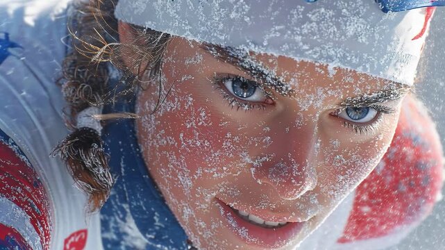 Intense close-up portrait of a young winter sports athlete with blue eyes, face covered with snow, wearing a knit hat and jacket during a snowfall, cold weather concept