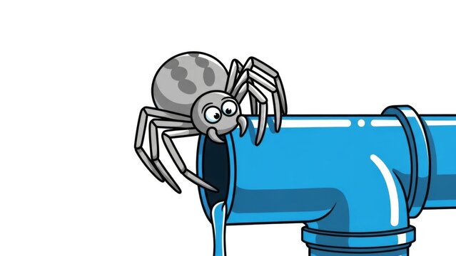 Cartoon spider on leaky pipe illustration
