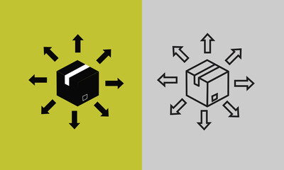 Delivery and distribution concept icon set black solid and outline icons of a box with arrows pointing outwards, symbolizing shipping, logistics, and spreading out
