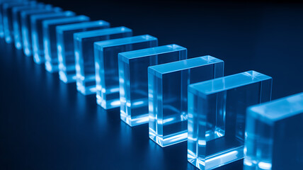 Perspective view of a line of clear glass blocks, glowing with internal blue light on a dark, reflective surface, representing data or order