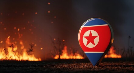 North Korea flag marker on fire background