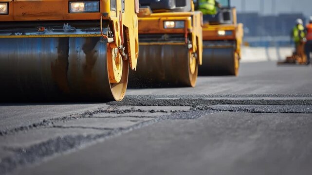 Medium shot of a crew patching potholes and damaged areas on an asphalt airfield pavement with roller compactors in motion.
