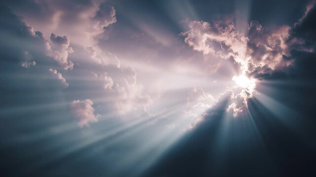 Dramatic storm clouds with bright sunbeams breaking through, moody sky background with light rays and atmospheric glow, nature weather concept and copy space