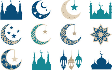 A grid of various Islamic holiday symbols like mosque silhouettes, crescent moons, stars, and traditional lanterns