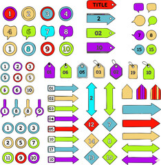 Colorful infographic vector set featuring numbered circles, tags, arrows, speech bubbles, and geometric shapes, ideal for presentations, data visualization, and educational design projects.