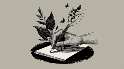 Black and white illustration depicts a hand writing on paper. Butterflies and leaves included