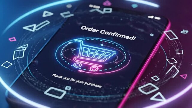 Order confirmed on phone screen with neon shopping cart