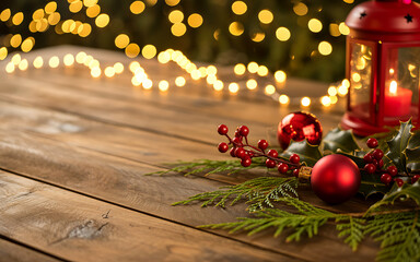 Warm Christmas decoration on a wooden surface with a red lantern, pine needles, holly berries, and sparkling fairy lights.