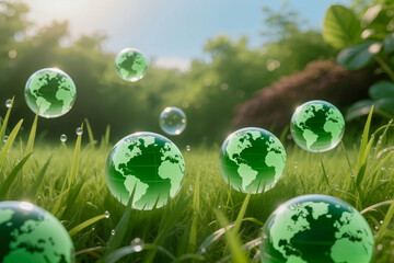 Translucent spheres, like maps of the world, float over a lush meadow. Bright sunlight illuminates dew-covered green blades of grass and floating water bubbles.