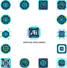 Artificial Intelligence AI Chip Icons, Digital Processor Symbols, Neural Network Microchip Graphics, Innovation and Automation Technology, Autonomous Robot Brand Logo Vector.
