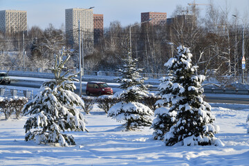 Winter cityscape with a road to Zelenograd, Moscow, Russia