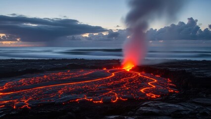 Molten lava flows into the ocean at dusk, with clouds and steam rising