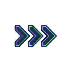 Three vibrant dark blue chevron arrows with green and purple outlines, indicating forward movement