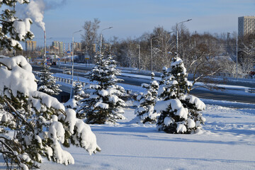 Winter cityscape with a road to Zelenograd, Moscow, Russia