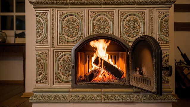 Historic tiled stove with fire, logs burning inside open hearth. Ceramic tiled stove features decorative patterns, radiating warmth, creating cozy room ambiance.